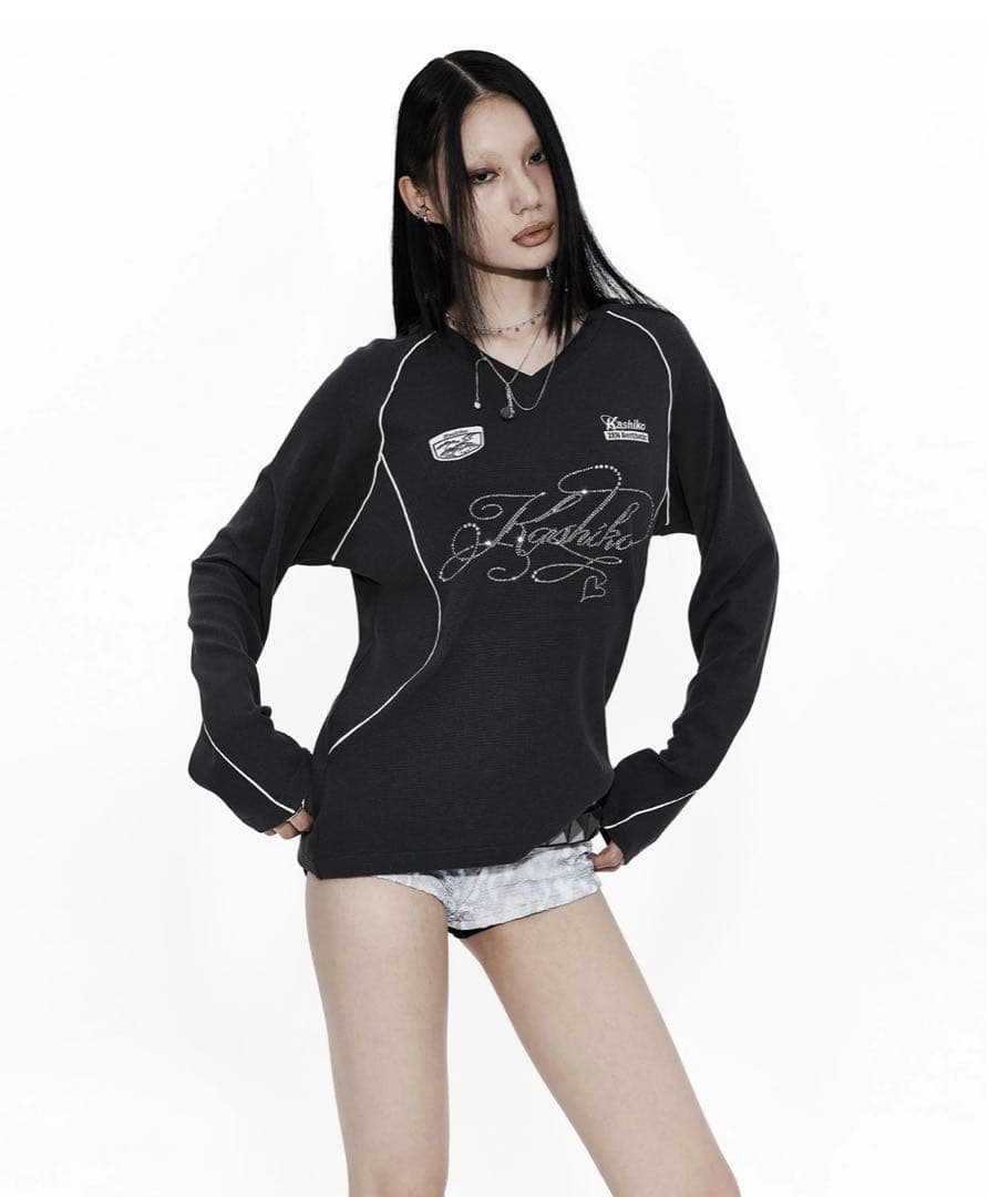 kashiko カシコ Waffle Rugby Tee Charcoal