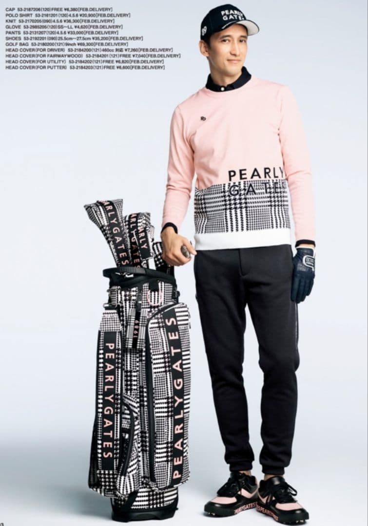 【新品未使用】パーリーゲイツ 薄手ニットセーター ピンク×千鳥柄 5(L)