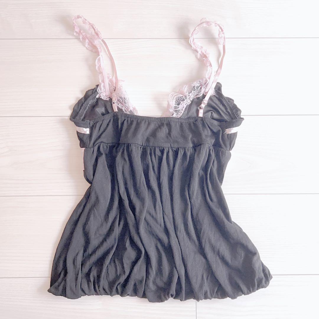 TRALALA・LIZLISA系 リボン付きフリルタンクトップ（黒×ピンク）