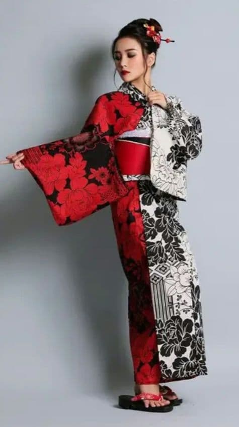 赤黒花柄 浴衣セット フリーサイズ