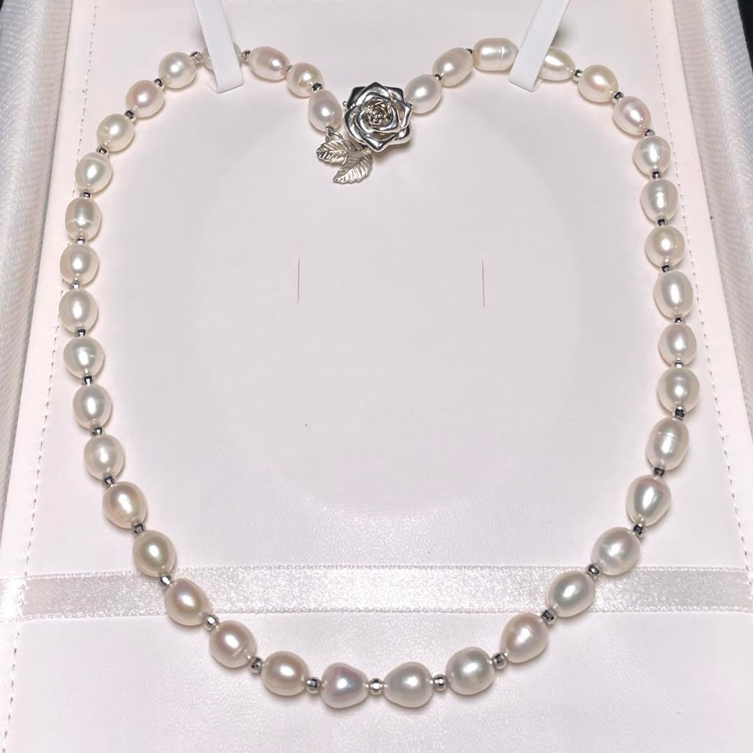 薔薇モチーフ クラスプ 大珠 本真珠 ネックレス 7.5〜8.3㎜ O581