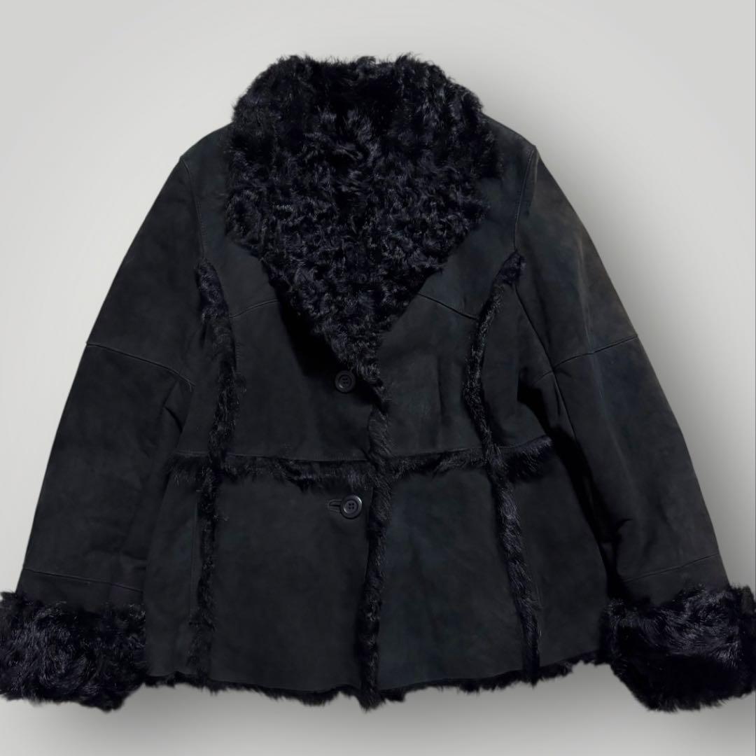 本毛皮☆ラムファー ラムレザー ファーコート ショートコート 本革 黒 L相当