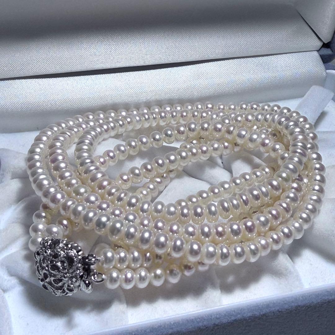 美品★テリ鮮やか★真珠3連ネックレス 本真珠 リアルパール シルバー金具