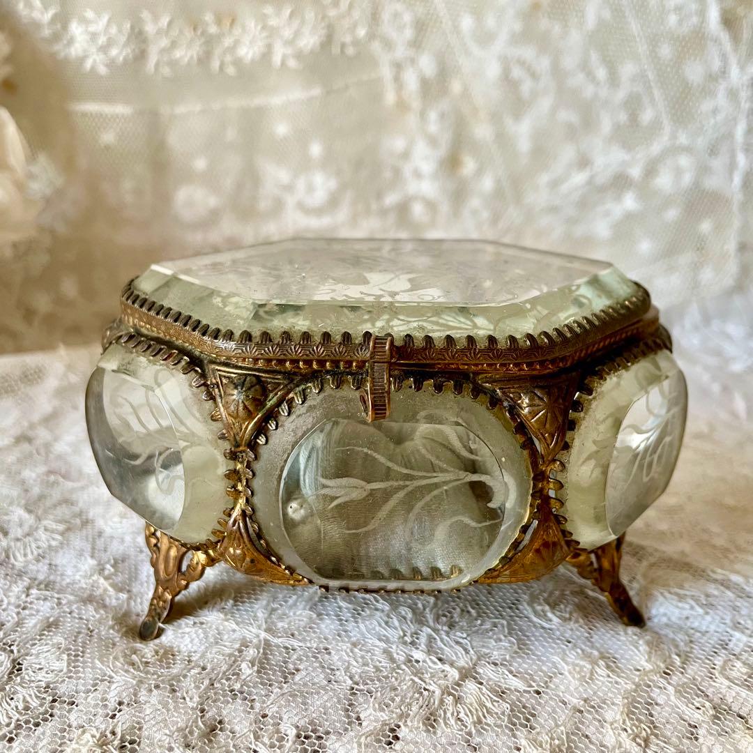 6角形ベベルガラスジュエリーボックス　アクセサリーケース　フランスアンティーク