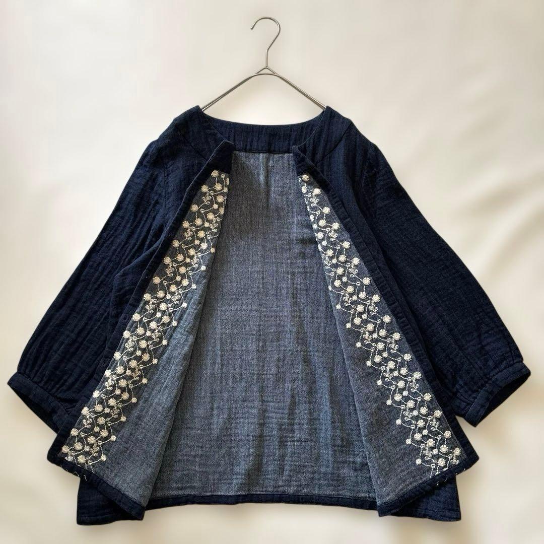 群言堂 根々 石見銀山生活文化研究所 刺繍 インディゴ 藍 シャツ ブラウス