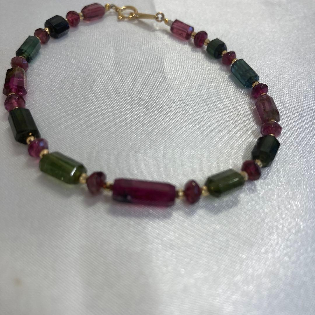 <美品> K18 トルマリン　ネックレス　ブレスレット　天然石　グリーン　ピンク