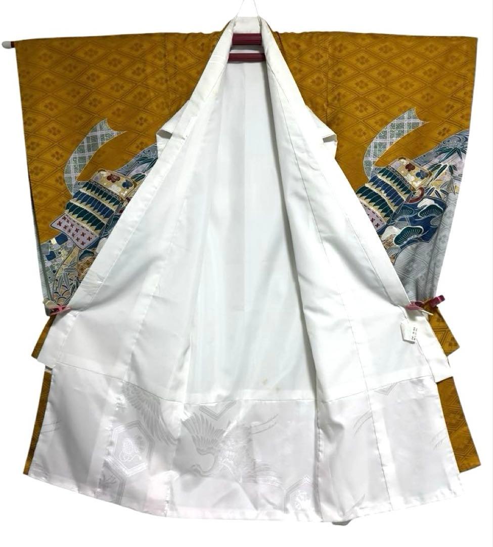 お宮参り　一つ身着物＋小物セット　男の子　正絹　からし色　鷹柄