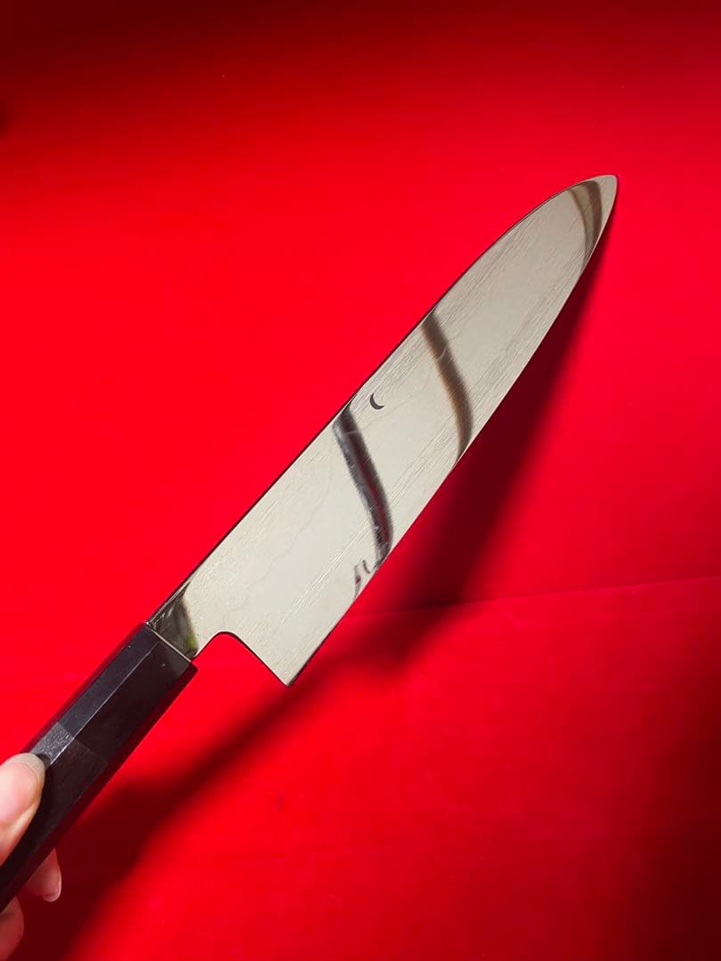 01534 包丁　牛刀　ハ寸　水本焼　富士山残月波紋　白鋼　鏡面仕上げ　未使用