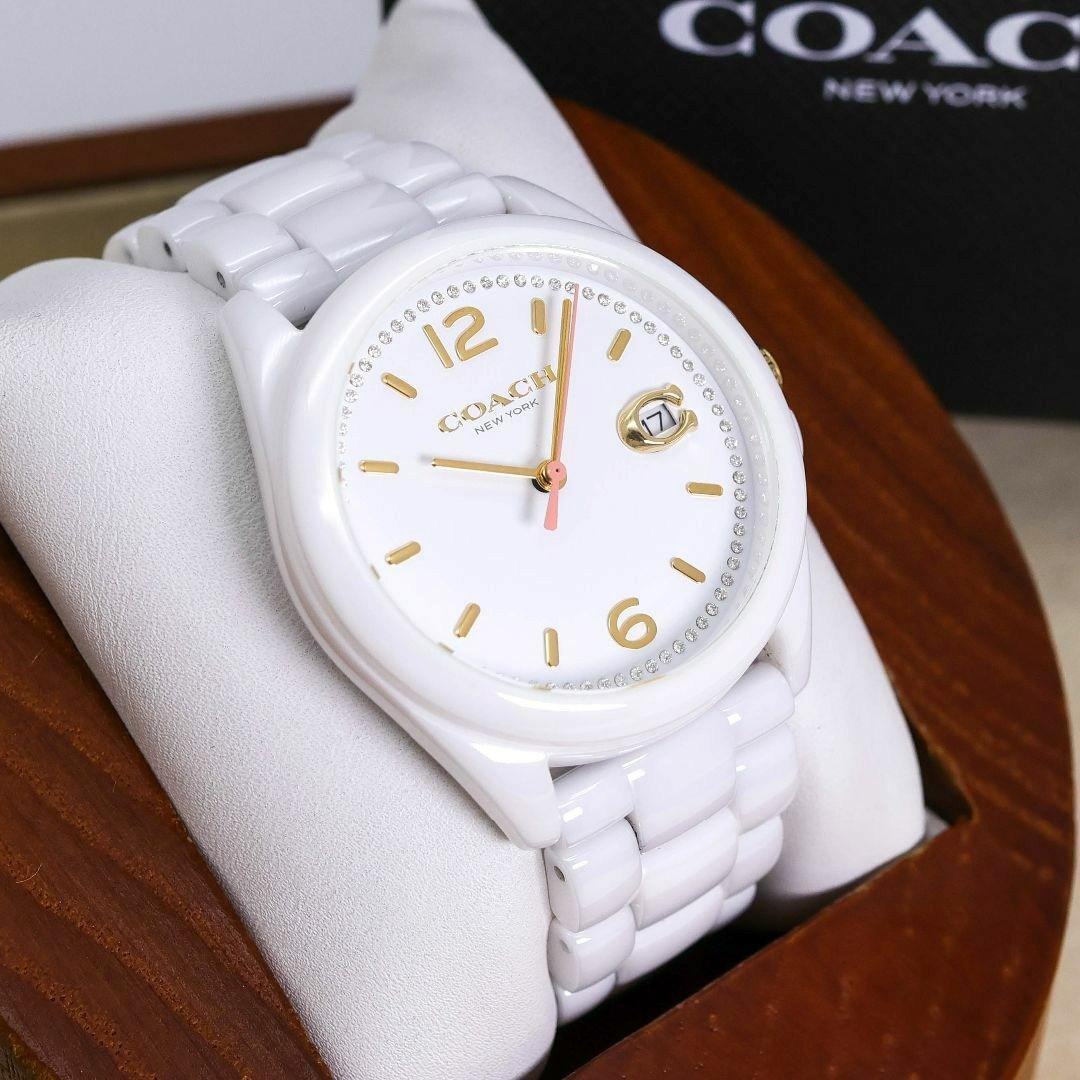 稼働 COACH 腕時計 ホワイト セラミック デイト ストーン 2158