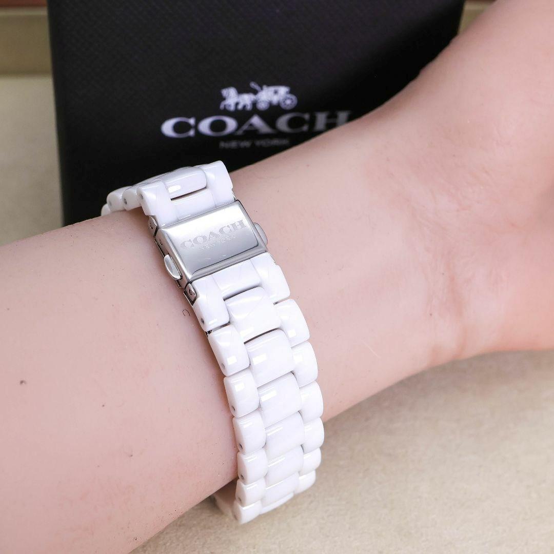 稼働 COACH 腕時計 ホワイト セラミック デイト ストーン 2158