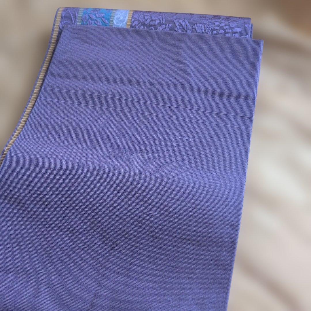 ふわり本場筑前博多織　半幅帯　小袋帯　灰紫　花唐草模様　織り出し　正絹