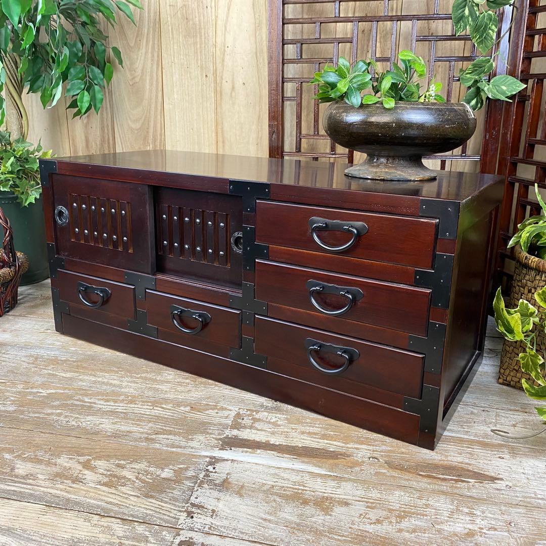 訳あり品！【136】民芸家具桐材天然無垢和引き戸付きチェスト横長テレビ台飾り棚