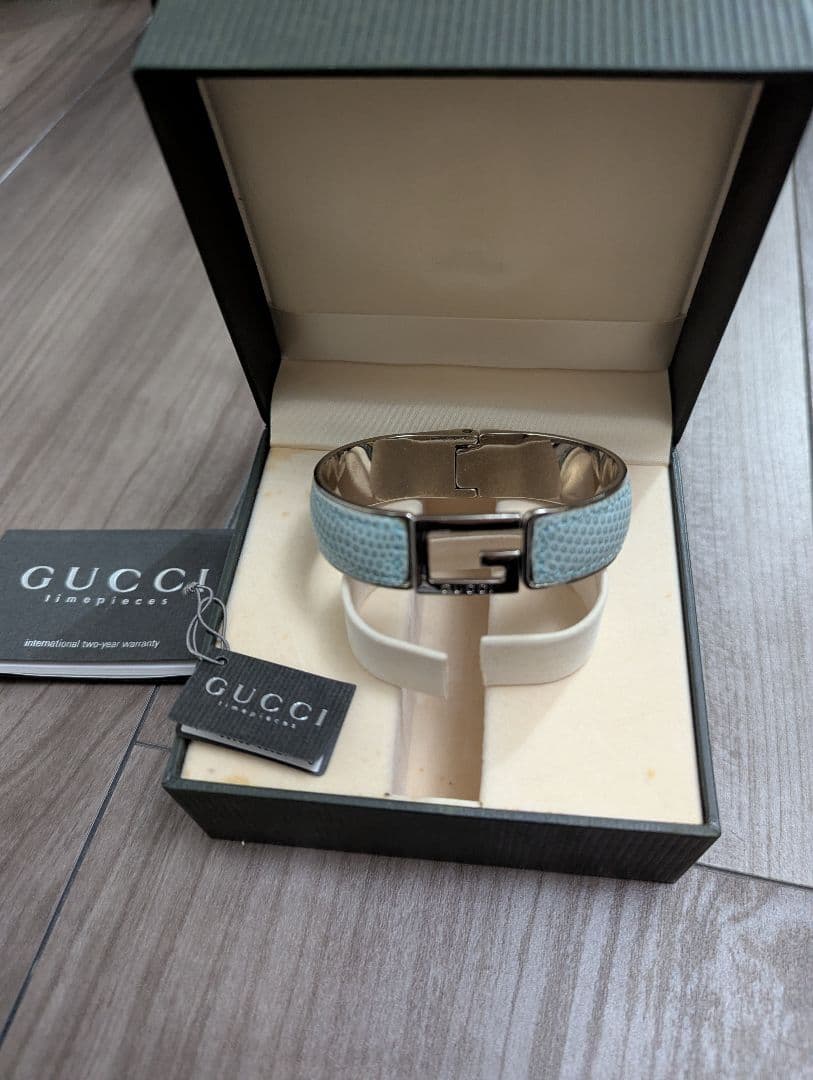 L*u様 美品 GUCCI リザード レザー Gロゴブレスレットバングル ブルー