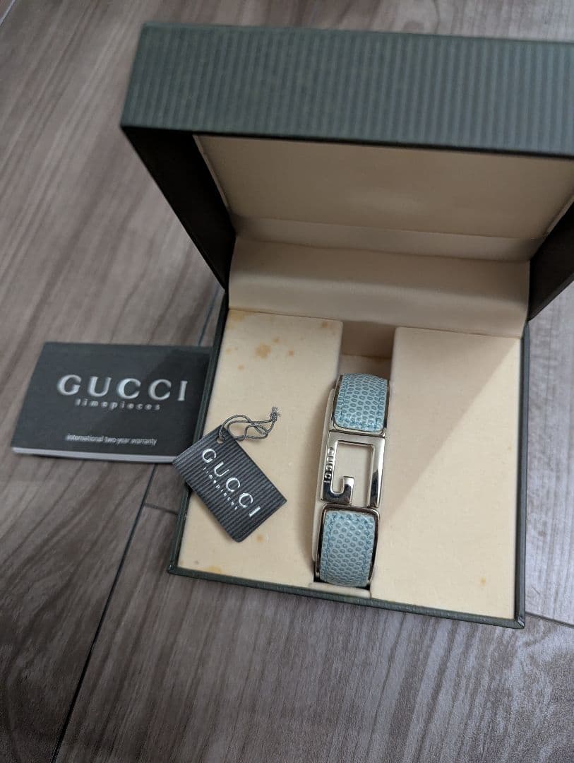 L*u様 美品 GUCCI リザード レザー Gロゴブレスレットバングル ブルー