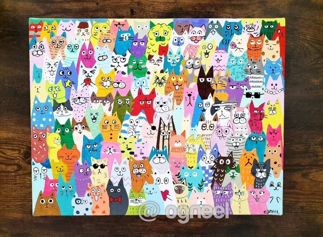 【みんな違って、みんないい。】　原画　アクリル画　猫　cat