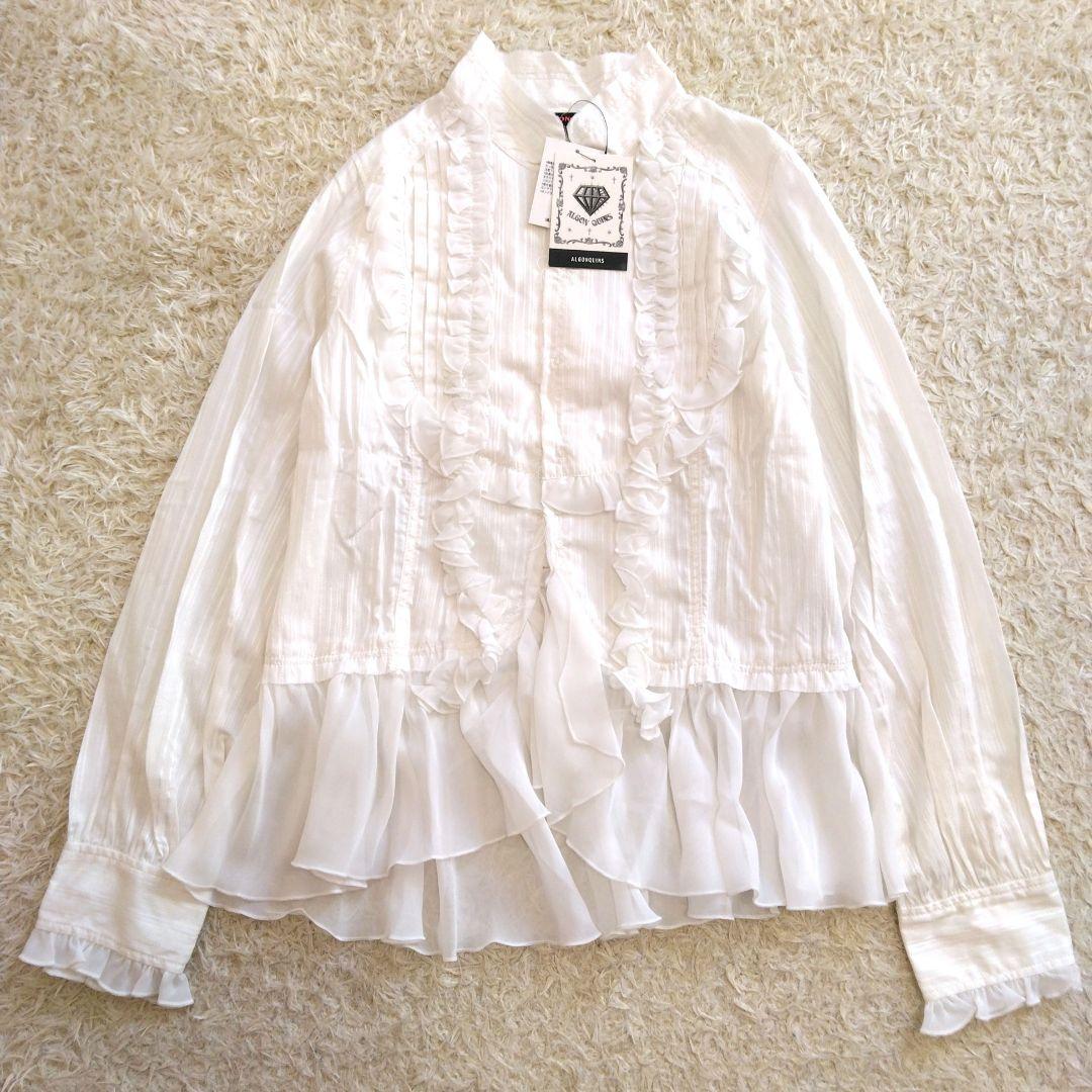【タグ付き】ALGONQUINSアルゴンキン フリル付きホワイトシフォンブラウス