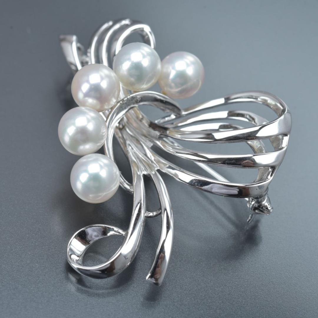 美品 ミキモト アコヤ真珠 ブローチ SV リボン 曲線 パール約6.9mm箱付