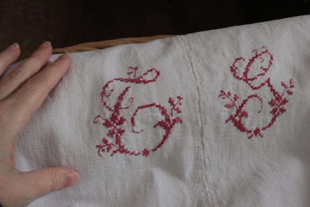 フランスリネン・アンティークシーツ/イニシャルモノグラムクロス