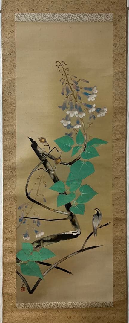 掛け軸　日本画 ［桐の花］絹本　木箱　送料込み！