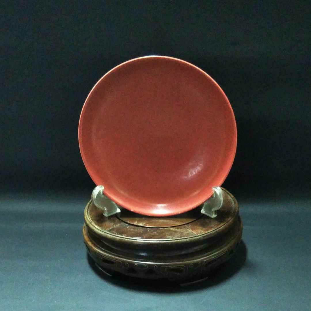 ※中国古美術/缸豆紅釉盤(底款:大明天啓年製)明代/