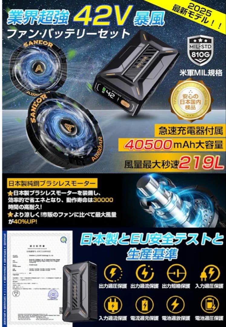 新品⭐️ファンバッテリーセット42V超高出力　40500mAh 7段階風量調節