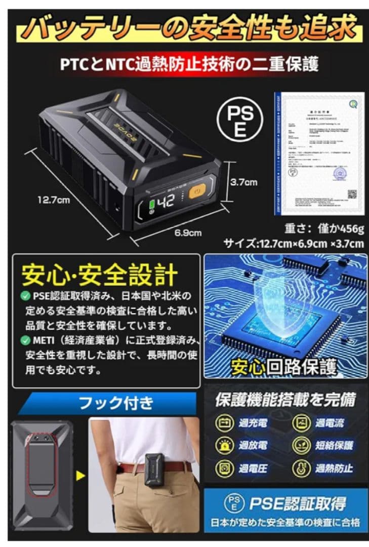 新品⭐️ファンバッテリーセット42V超高出力　40500mAh 7段階風量調節