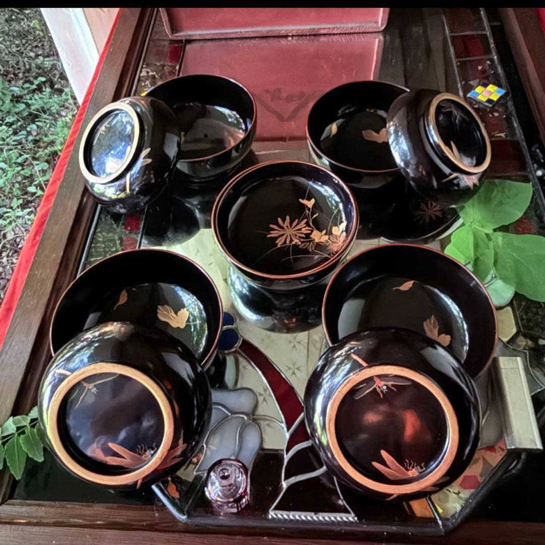 Ｂ様へ感謝お嫁入り‼️レアなかげろふJAPAN螺鈿蒔絵『蜻蛉＆菊＆木蓮上黒持椀4客