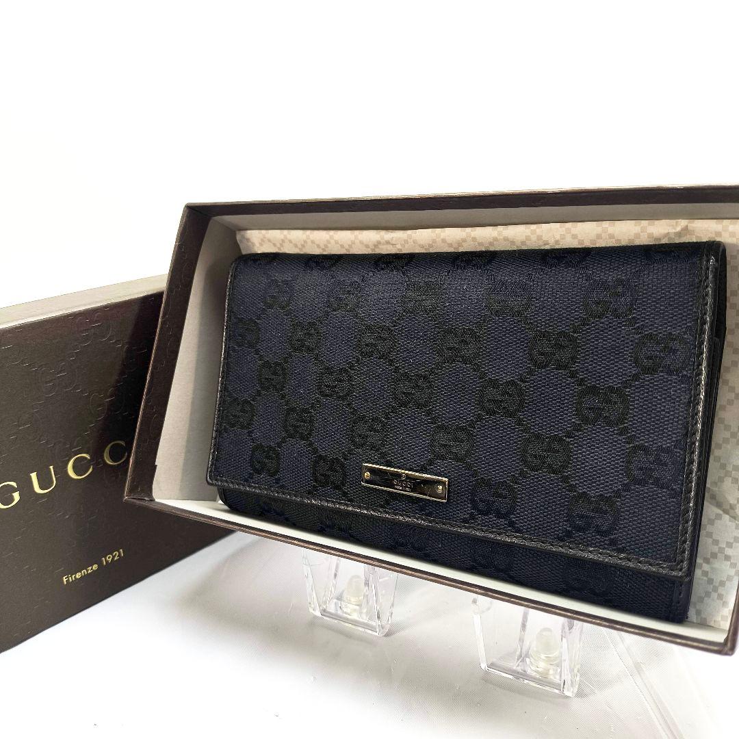 グッチ GG柄 キャンバス/レザー 二つ折り 長財布 GUCCI 黒 ガマ口