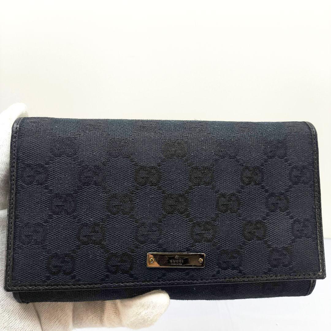 グッチ GG柄 キャンバス/レザー 二つ折り 長財布 GUCCI 黒 ガマ口