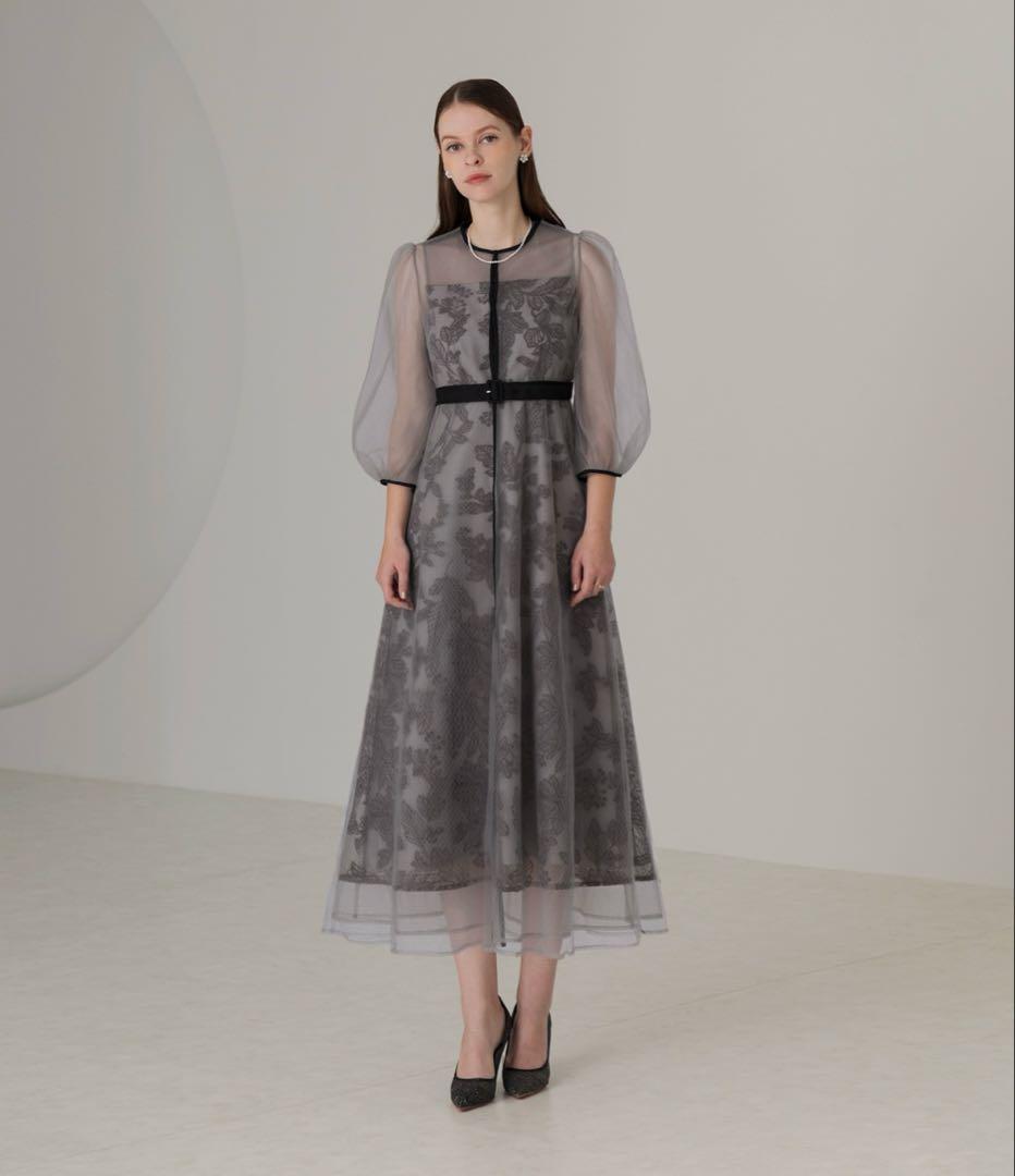 【LEJA】チュールパイピングリーフベルトAラインドレスワンピース 2点セット