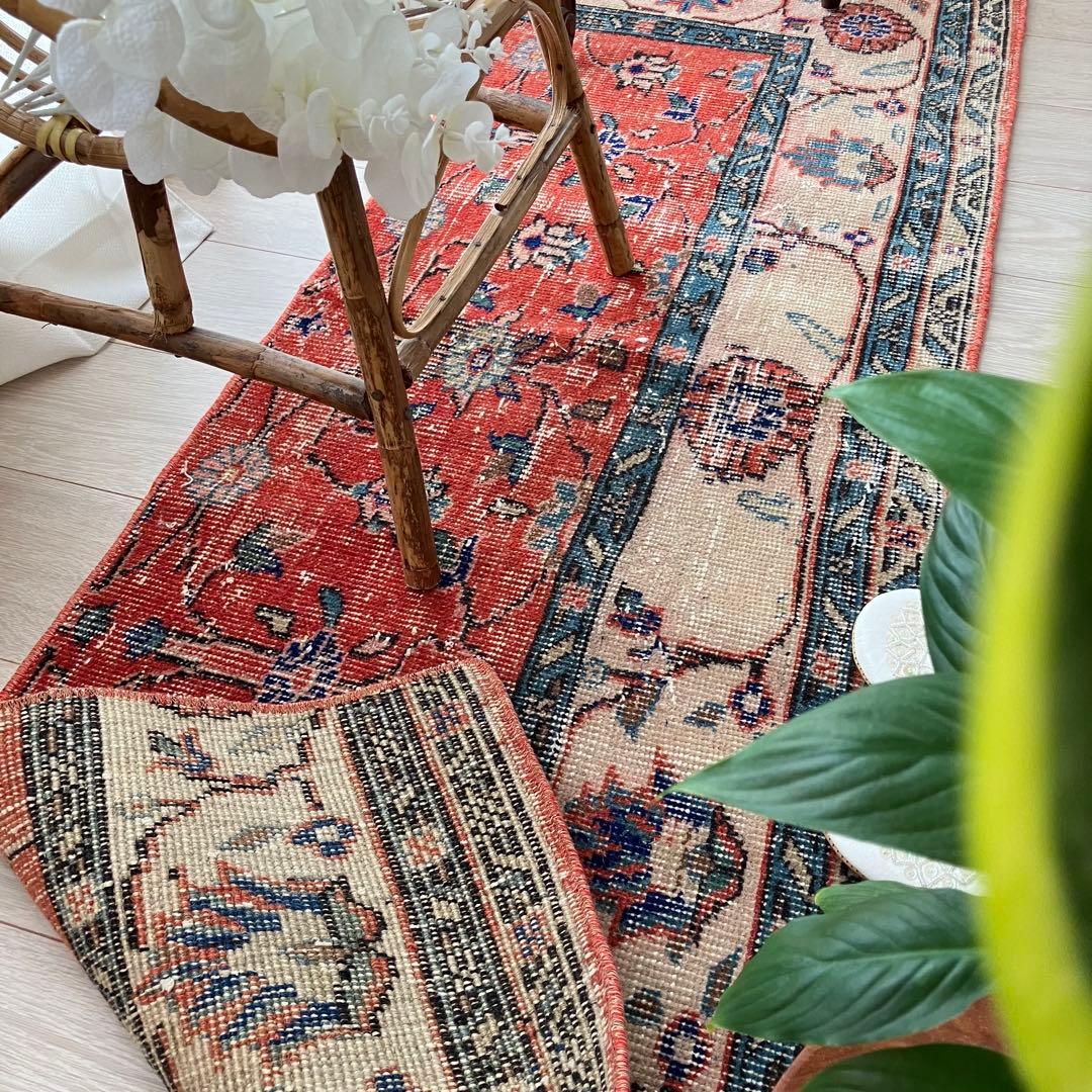 レッド53×163フローラル　ネイビー　ランナー　ロング　トルコヴィンテージラグ