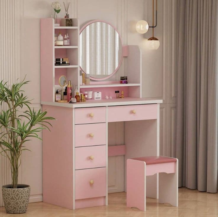 ピンク姫系ドレッサー 幅 80cm 円形ミラー 引き出し 5 杯 スツール付き