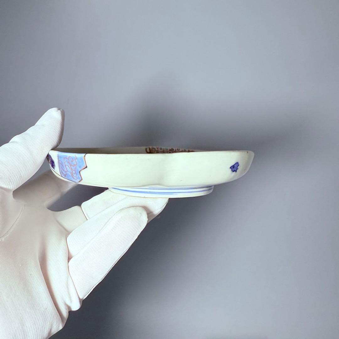 幕末～明治期　角冨　色絵扇絵変形皿　五客　裏千鳥文　金襴手　古器を楽しむ