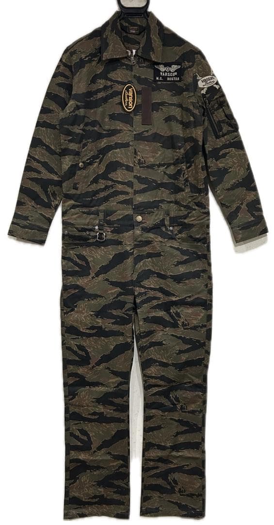 ＊VANSON タイガーカモ スカル 羽 刺繍 ワッペン つなぎ L