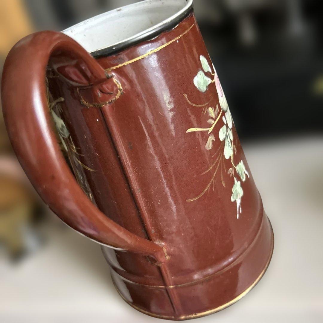 フランスイギリスアンティークホーローポット琺瑯ホウロウ手描き手書きエナメル茶色