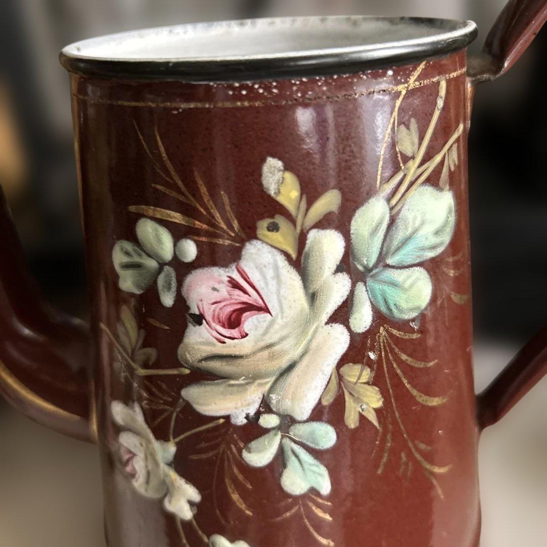 フランスイギリスアンティークホーローポット琺瑯ホウロウ手描き手書きエナメル茶色