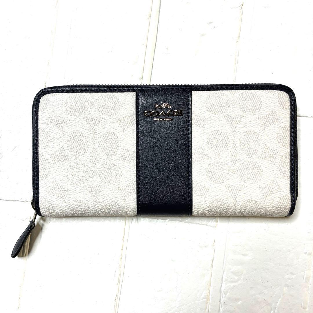 COACH 長財布 ホワイトネイビー　シグネチャー　ラウンドジップ　PVC