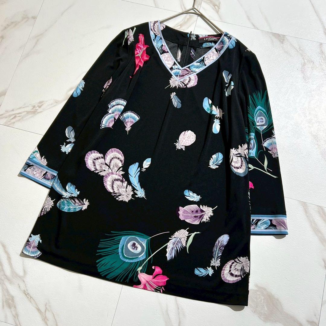 極美品✨レオナール カンカン素材 チュニック フェザー柄 花柄 ブラック 40