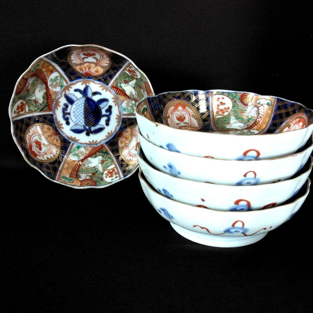 明治～大正 古伊万里 絢爛豪華 金襴手 二重角冨紋 膾皿 5客揃 角富 なます皿