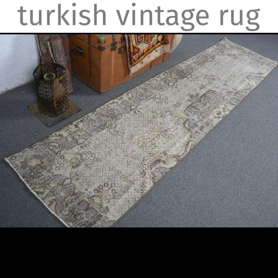 3m超ロング／76×297 グレー　メダリオンランナー　トルコヴィンテージラグ