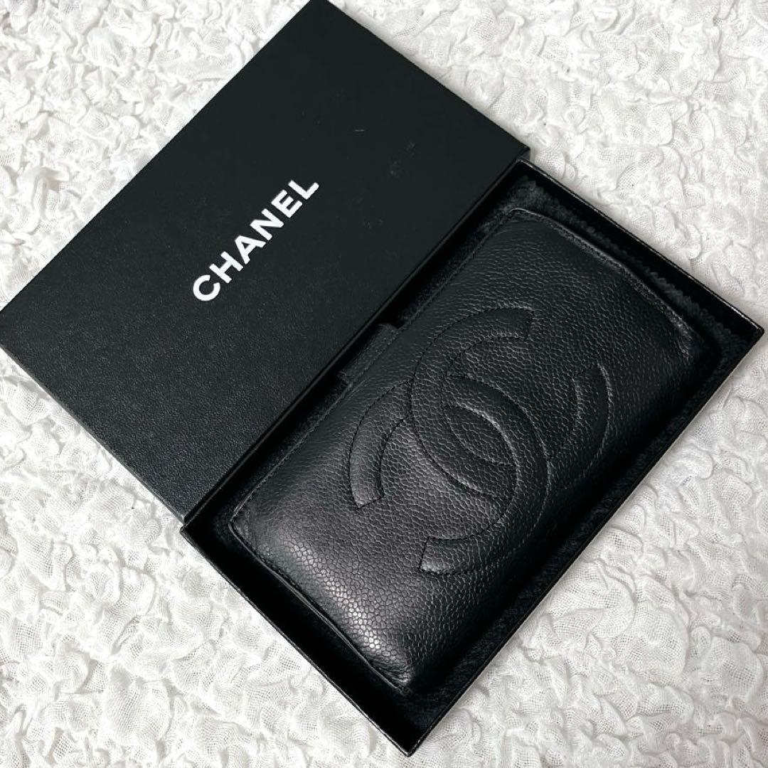 箱付✨CHANEL ブラック　キャビアスキン　レザー　長財布　がま口　ゴールド