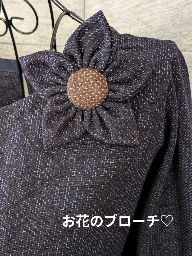 A259結城紬リメイクふんわり2way袖Aラインワンピース★ リボン・ブローチ