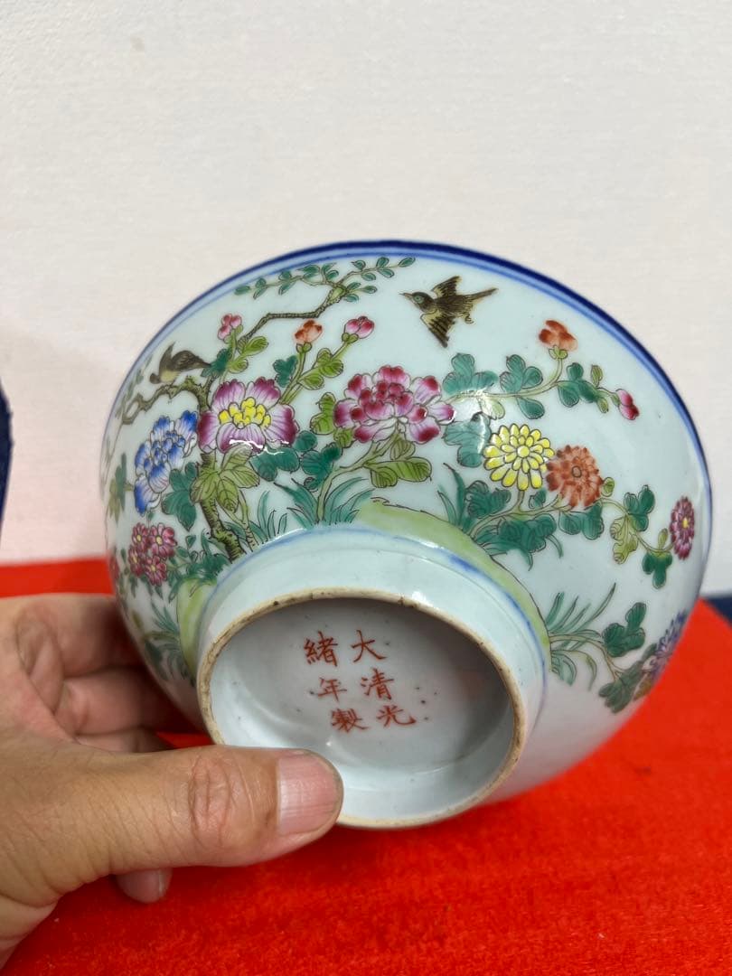 【倉庫整理品】中国古美術　清時代五彩花卉文茶碗【大清光緒年製】在銘/BL:0-7