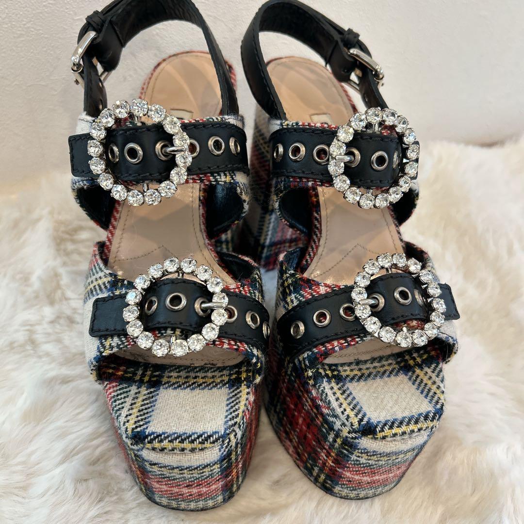 美品　miu miu ミュウミュウ 厚底 サンダル ビジュー チェック柄 36
