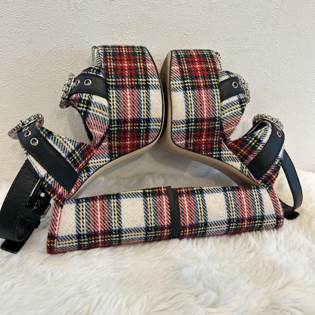 美品　miu miu ミュウミュウ 厚底 サンダル ビジュー チェック柄 36