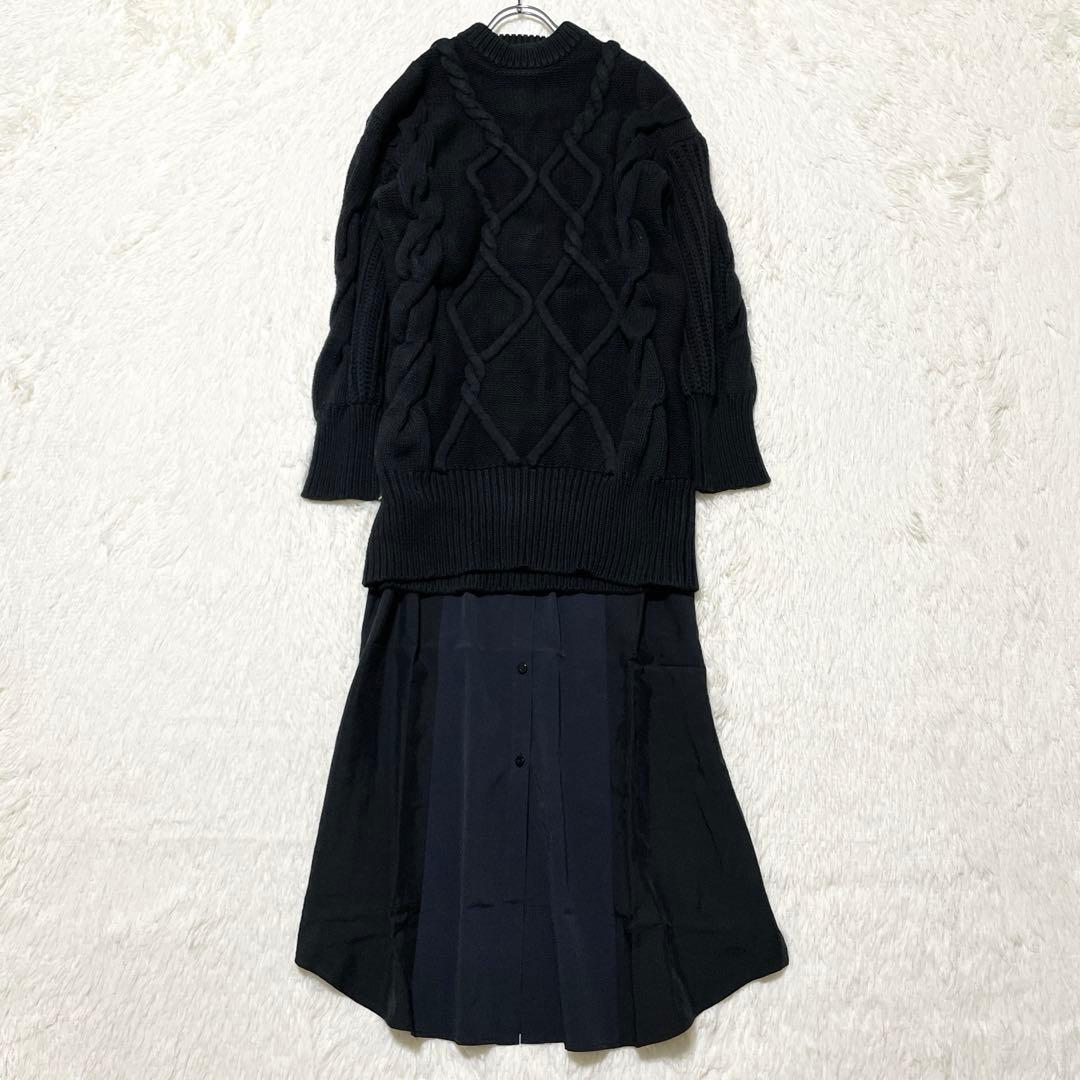 UN3D. アンスリード レイヤード ケーブル ニットワンピース ブラック