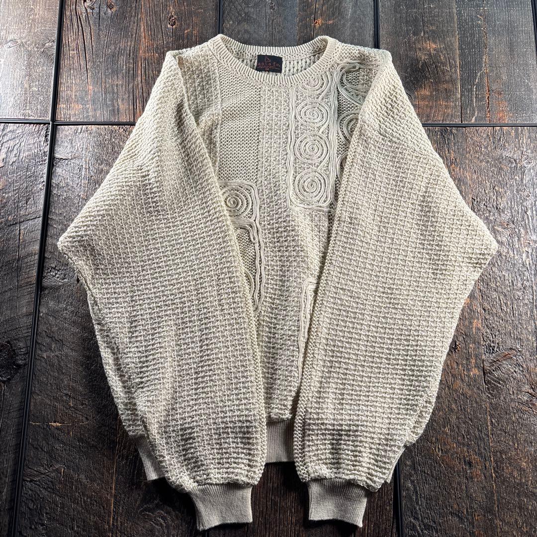 古着　サンタフェ　3Dニットアイボリー　ペイズリー　XL シアニット　リネン混.