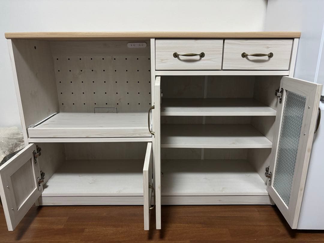 キッチンカウンター／かわいい食器棚　120cm／ベージュホワイト×ライトウッド調