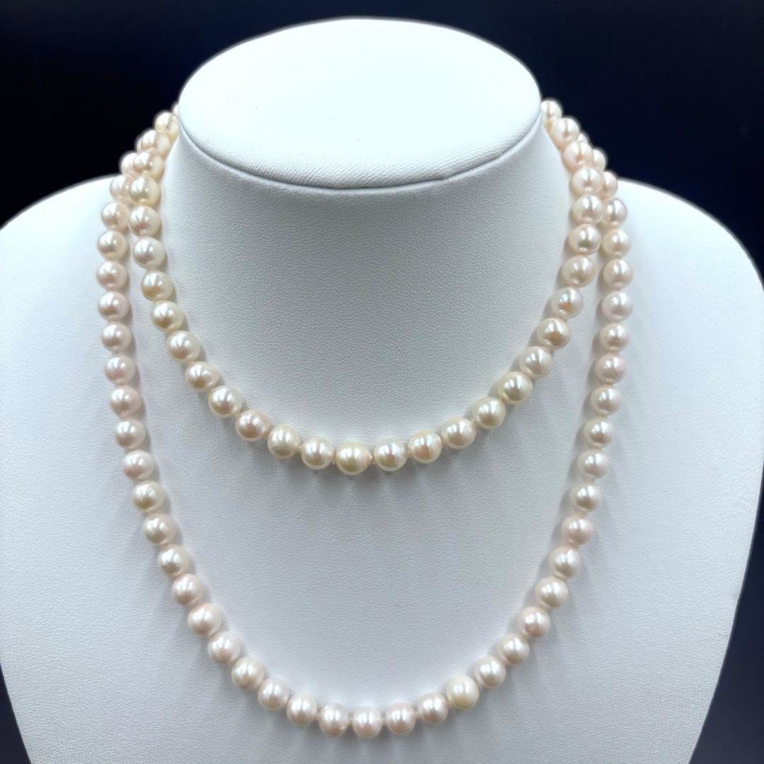 干渉色◎7mmあこや本真珠 2連80cmロングパールネックレス オールノット仕上