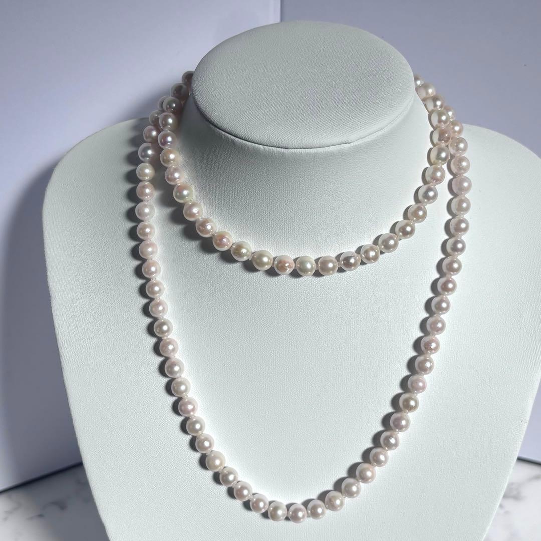 干渉色◎7mmあこや本真珠 2連80cmロングパールネックレス オールノット仕上